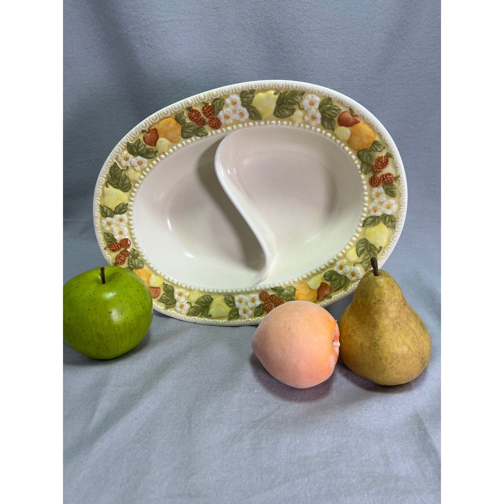 Metlox Vernon Ware Della Robbia Divided Vegetable Bowl Cream Fruit Floral 12"
